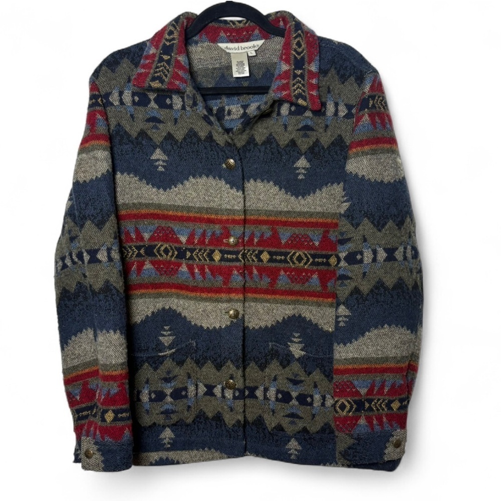 David Brooks Southwest Aztec Print Jacket L Wool Blend Button Front Western
